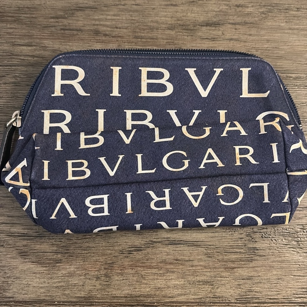 [BLVGARI] Signature Logo Navy & White Cosmetic Full-Zip Travel Toiletry Bag - Picture 7 of 11